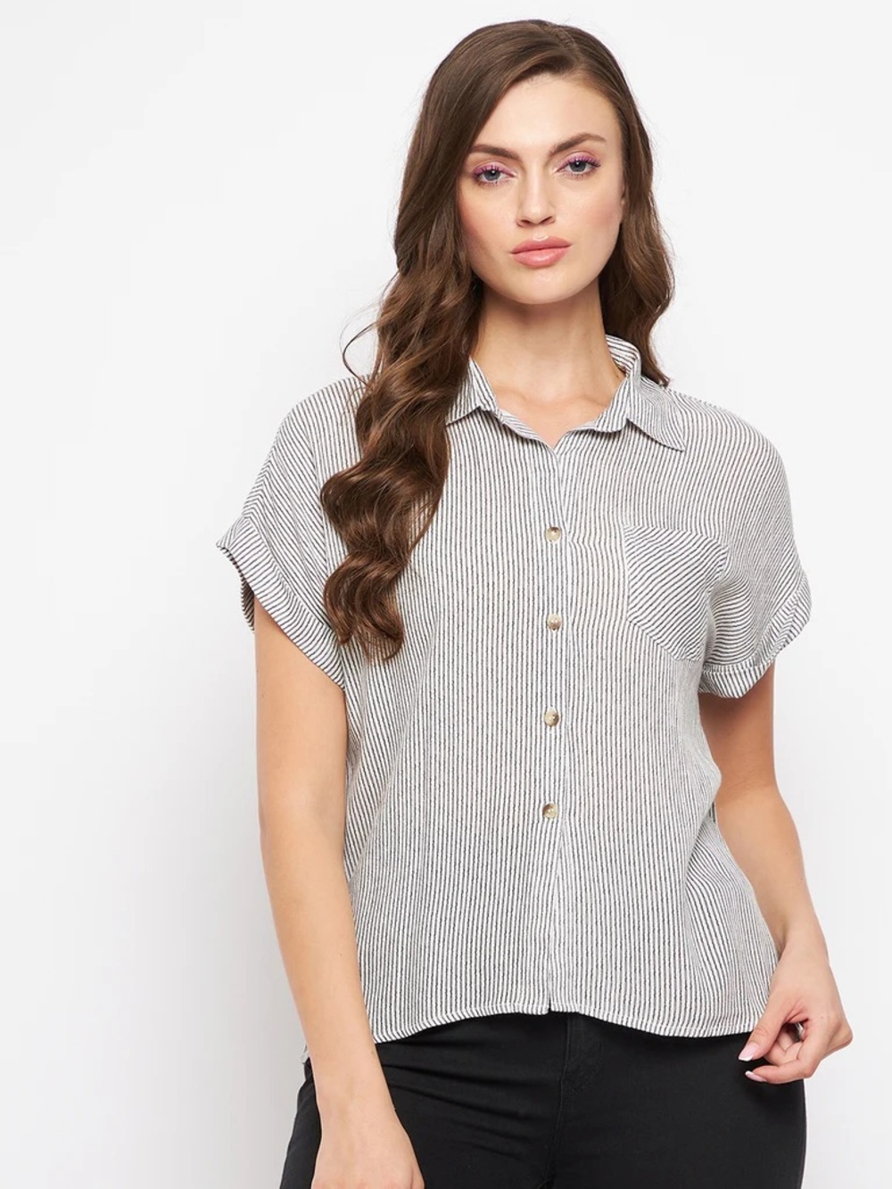 L Sim & Sam Lightweight Relaxed Navy & White Striped Short-Sleeve Buttondown
